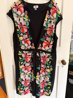 Old Navy Adjustable Lined Sleeve Black Floral Midi Dress for Work or Casual